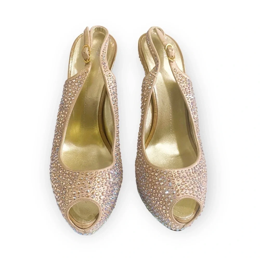 Giuseppe Zanotti Crystallized Platform Slingback Peep Toe Pumps, Size 39.5EU‎